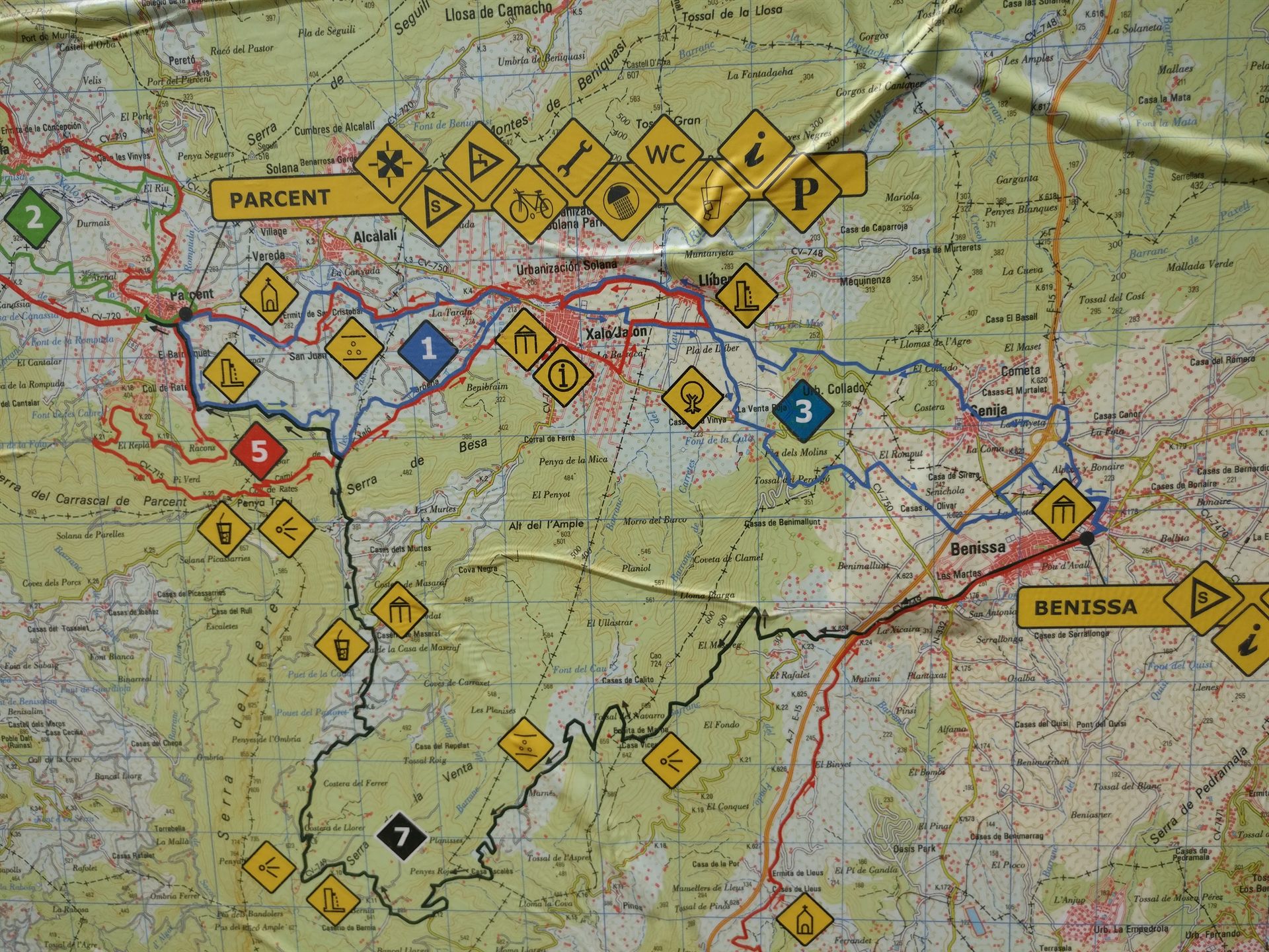 Information board with the marked mtb routes around Parcent, Alcalalí, Xaló and Benissa