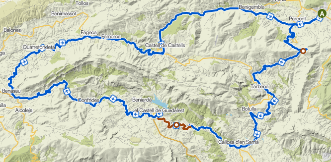 Map of the Guadalest – Gorga circuit: over the Coll de Rates and Tarbena to Callosa and Guadalest, back via Confrides and Quatretondeta.