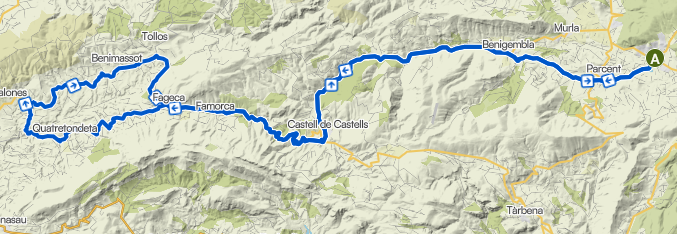 Map of the cycle route to Quatretondeta: via Castell de Castells, Famorca and Fageca into the interior and back past Tollos.