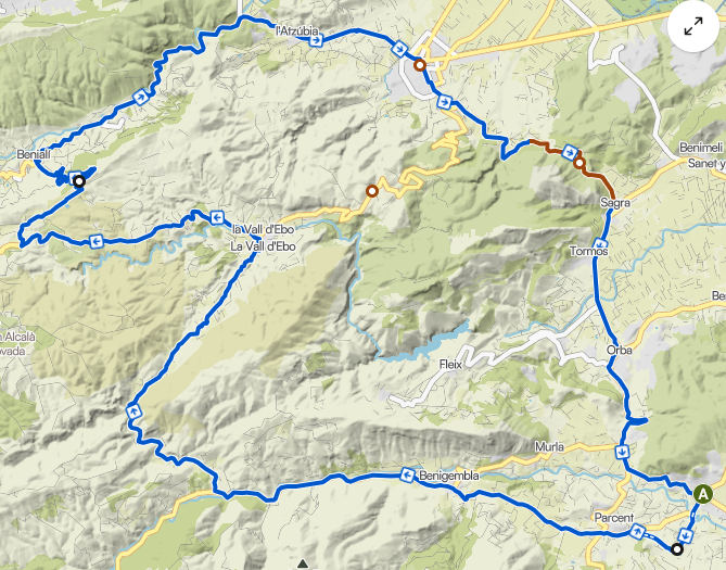 Map of the shortened clockwise route through Vall d’Ebo and Vall de Gallinera, via Beniali and back over Benigembla.