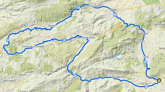 Map of the clockwise route through Vall d’Ebo and Vall de Gallinera, via Pego, Beniali and Alcalà de la Jovada.