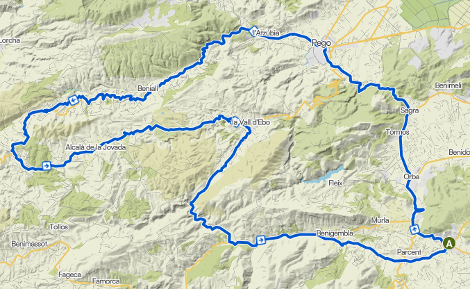 Map of the same three valleys anti-clockwise: first Vall de Gallinera, then Vall d’Ebo and back via Benigembla.